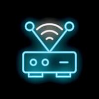 Neon internet router transmitting wifi signal on black background vector