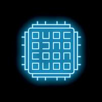 Glowing neon blue cpu microchip icon illustrating computer processing power vector
