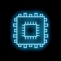 Neon blue computer microchip glowing on black background vector