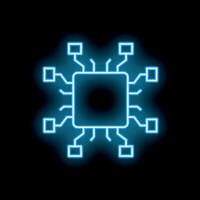 Blue neon cpu microchip icon glowing on black background vector