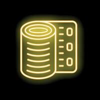 Yellow neon icon of a linoleum roll with a measuring tape representing renovation vector
