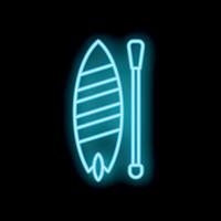 Glowing neon icon of stand up paddle board and paddle on black background vector