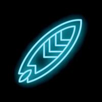 Bright blue neon sign showing surfboard with polynesian pattern on black background vector