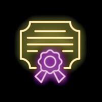 Neon sign depicting a certificate with a seal and ribbon on a black background vector