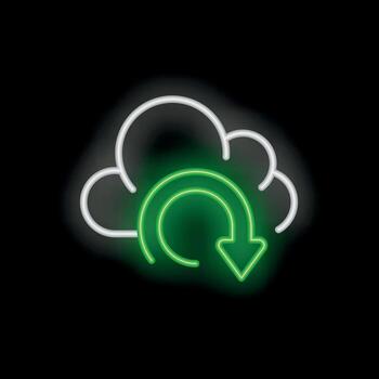 Neon green cloud computing refresh icon glowing on black background vector
