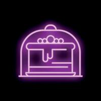 Neon sign of cake with cream and berries on tray under cloche on black background vector