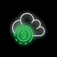 Neon green dollar coin spinning under white cloud on black background representing cloud computing costs vector