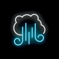 Neon sign depicting wind blowing under a cloud on black background vector