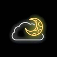 Yellow neon moon shining through white clouds on black background vector