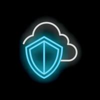 Neon blue shield protecting cloud computing data storage vector
