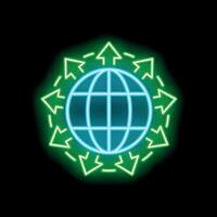 Neon icon of a globe surrounded by green arrows representing global business and international trade vector