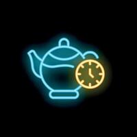 Neon icon of tea time showing teapot and clock vector