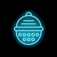 Blue neon sign of a round tea infuser with a chain on black background vector