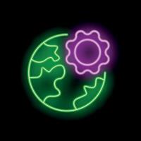 Neon icon of a cogwheel rotating around the earth representing global business vector