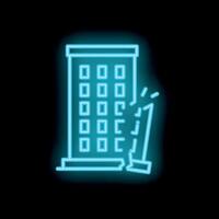 Blue neon icon of a building cracking during an earthquake vector