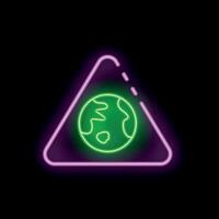 Neon sign showing green earth symbol inside a purple triangle on black background vector