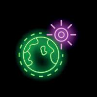 Neon earth orbiting glowing sun icon on black background vector
