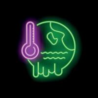 Neon sign representing global warming with a melting earth shaped as a skull vector