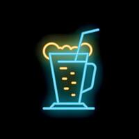 Blue and yellow neon sign of a drink with foam and a straw on a black background vector
