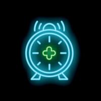 Neon clock showing medical cross signalling time for medication vector