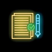 Neon icon of a fountain pen writing on a document with check mark symbolizing successful completion vector