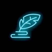 Blue neon sign of feather pen resting on paper representing writing vector
