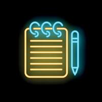 Neon notepad and pen icon for writing and notes vector