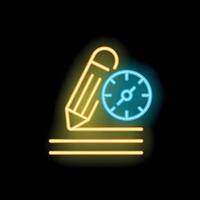 Neon sign of pencil writing with clock in background vector