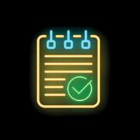 Neon notepad with checkmark icon on black background vector
