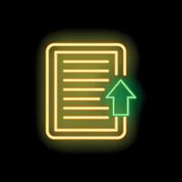Green neon arrow pointing up on document icon on black background vector