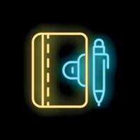 Neon notebook and pen icon glowing on dark background vector