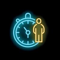Neon icon of person standing next to a stopwatch representing time management vector