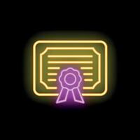 Neon sign representing a certificate with a seal and a ribbon on a black background vector