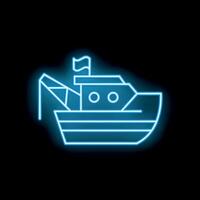 Glowing neon icon of fishing boat with net cast out on black background vector