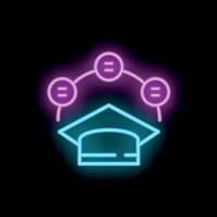 Neon icon of graduation cap surrounded by three nodes representing knowledge sharing and educational network vector