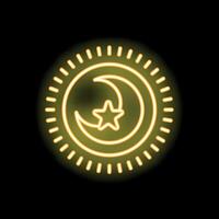 Yellow neon sign of crescent moon with star inside the sun on black background vector