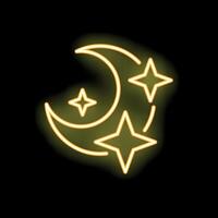 Neon yellow crescent moon shining with stars on black background vector
