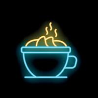 Neon sign of steaming hot drink with croissants on dark background vector