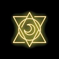 Neon yellow sacred geometry hexagram with crescent moon icon glowing on black background vector
