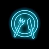 Neon sign of fork and knife on a plate glowing on black background vector