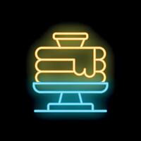 Neon sign illustrating stack of pancakes with syrup on top sitting on plate vector