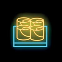Neon sign showing four sushi rolls on a rectangular plate over black background vector