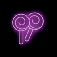 Pink neon sign of two swirl lollipops on a stick glowing on black background vector