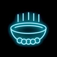 Neon sign of steaming hot bowl of soup on black background vector