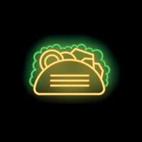 Glowing neon sign of taco with lettuce and tomatoes on black background vector