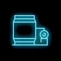 Neon blue beer can and cardboard box with recycling sign on black background vector