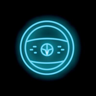 Blue neon sign steering wheel glowing on black background