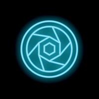 Neon shutter aperture icon glowing on black background vector
