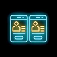 Neon icon of two smartphones showing user profile interface on screen vector