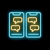 Neon sign showing two smartphones exchanging messages on black background vector